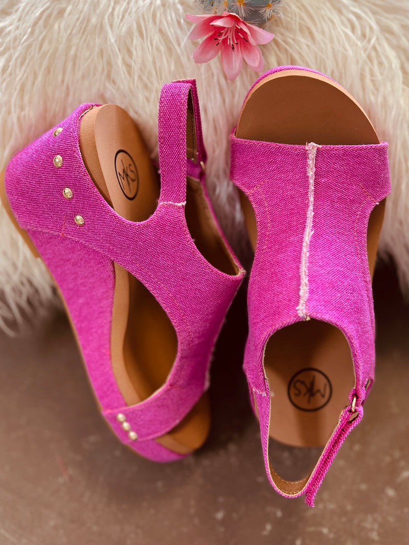 Maker's Shoes I Gussied Up Online fuchsia. colored denim. wedges. sandals. ankle strap. open toe. pink. comfortable. comfort sole. shoes. Small Business. Woman Owned Boutique. Ships fast from Texas.