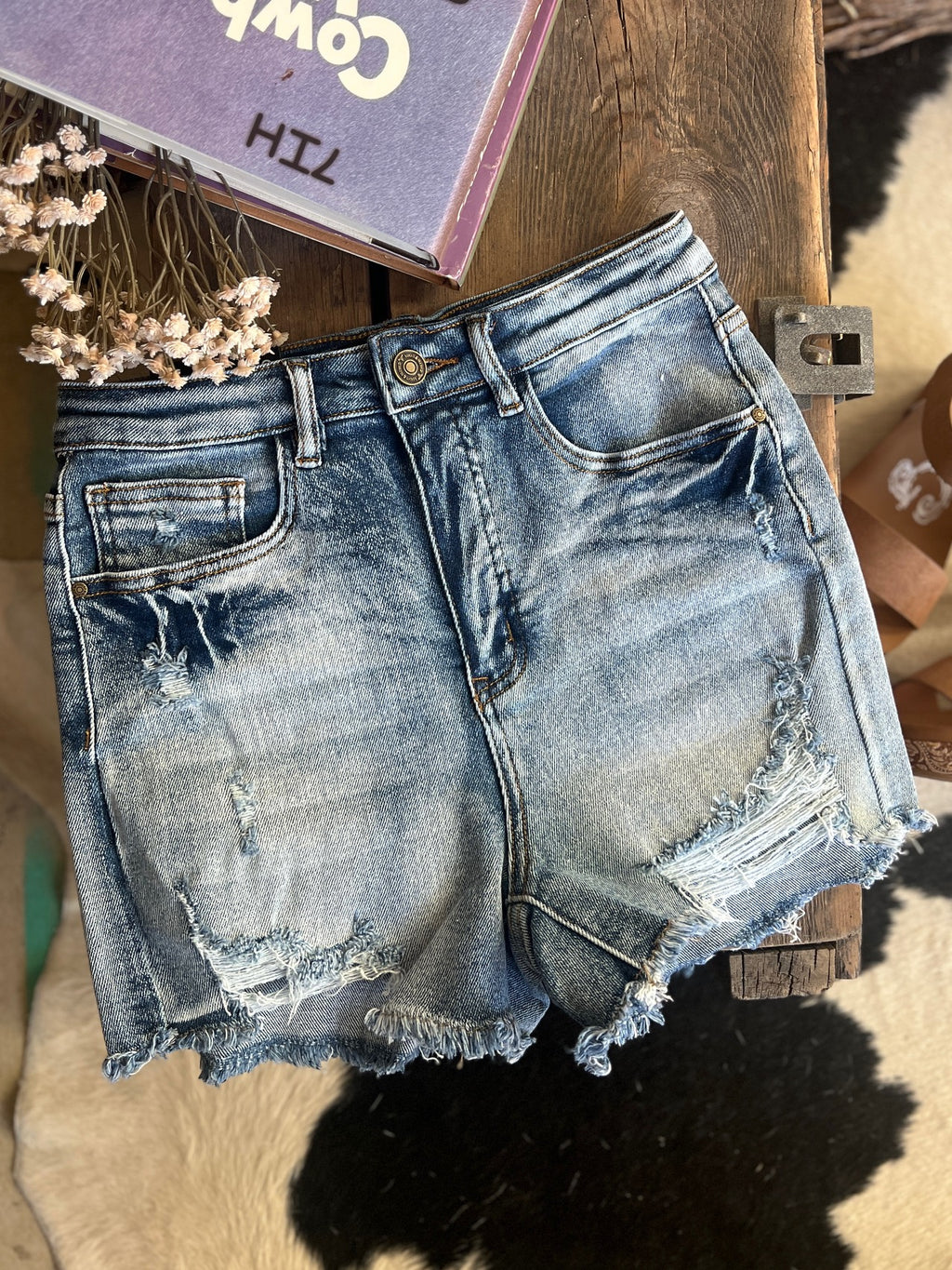 Distressed Tummy Control Denim Shorts - 2 Colors