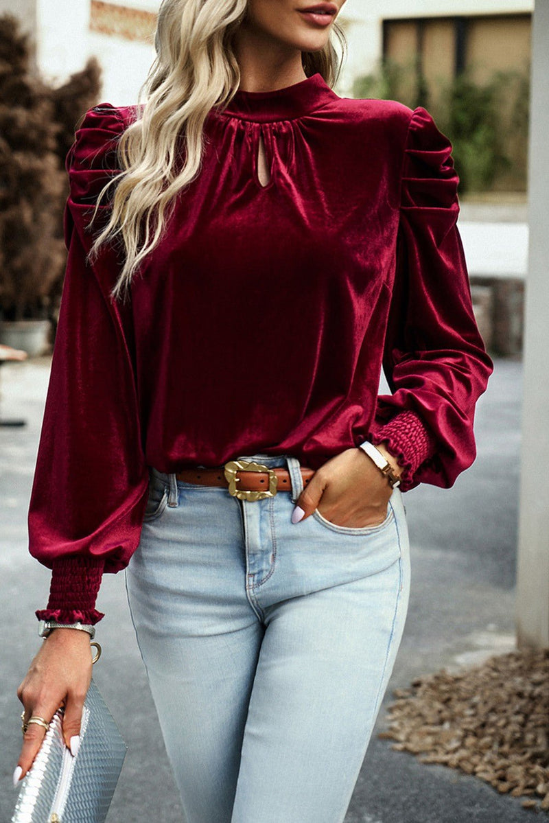 Mock Neck Puff Sleeve Velvet Blouse 2 Colors | gussieduponline