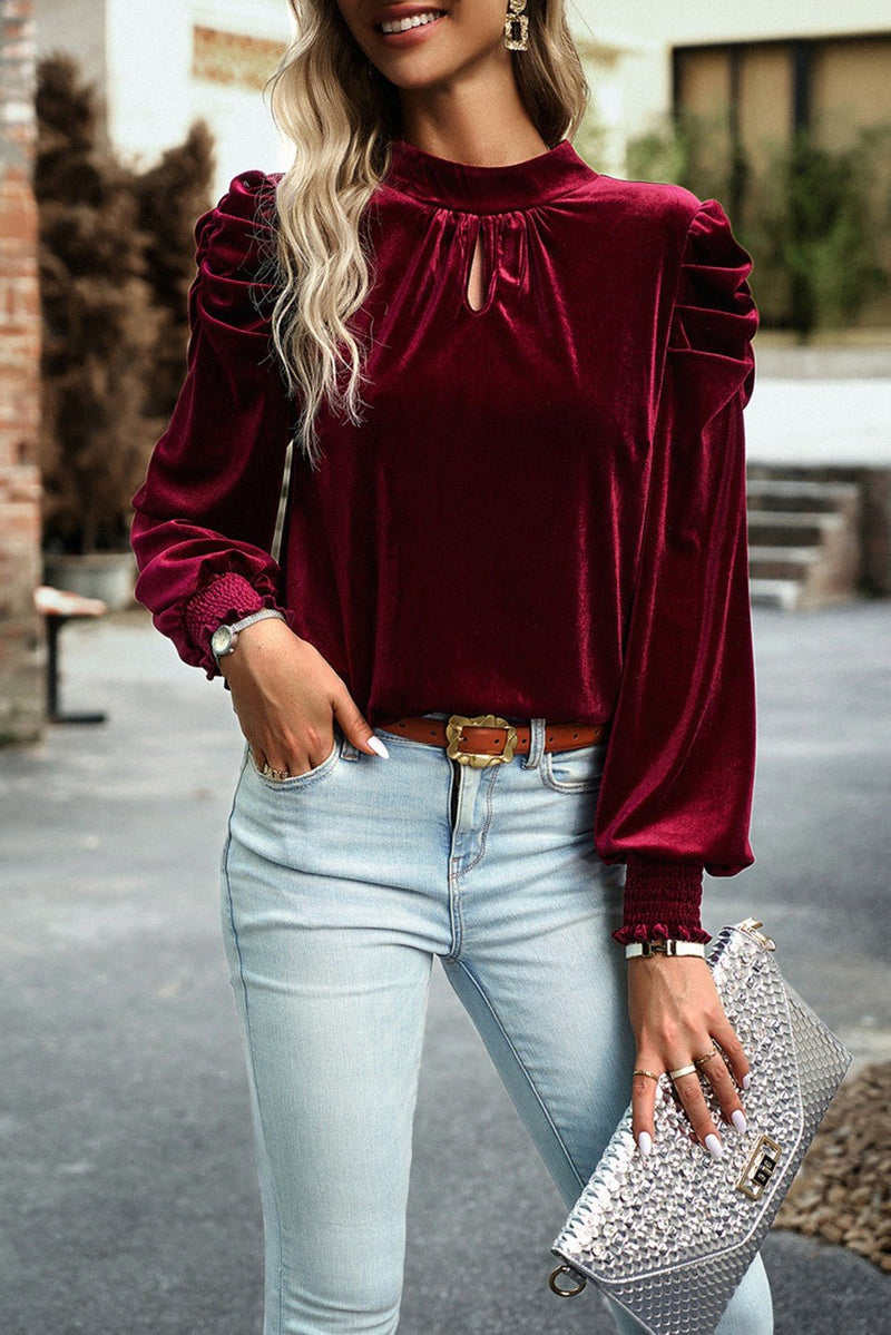 Mock Neck Puff Sleeve Velvet Blouse 2 Colors | gussieduponline