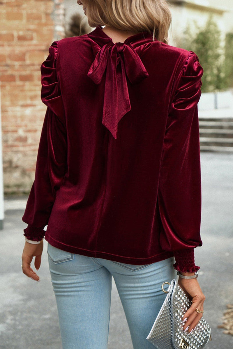 Mock Neck Puff Sleeve Velvet Blouse 2 Colors