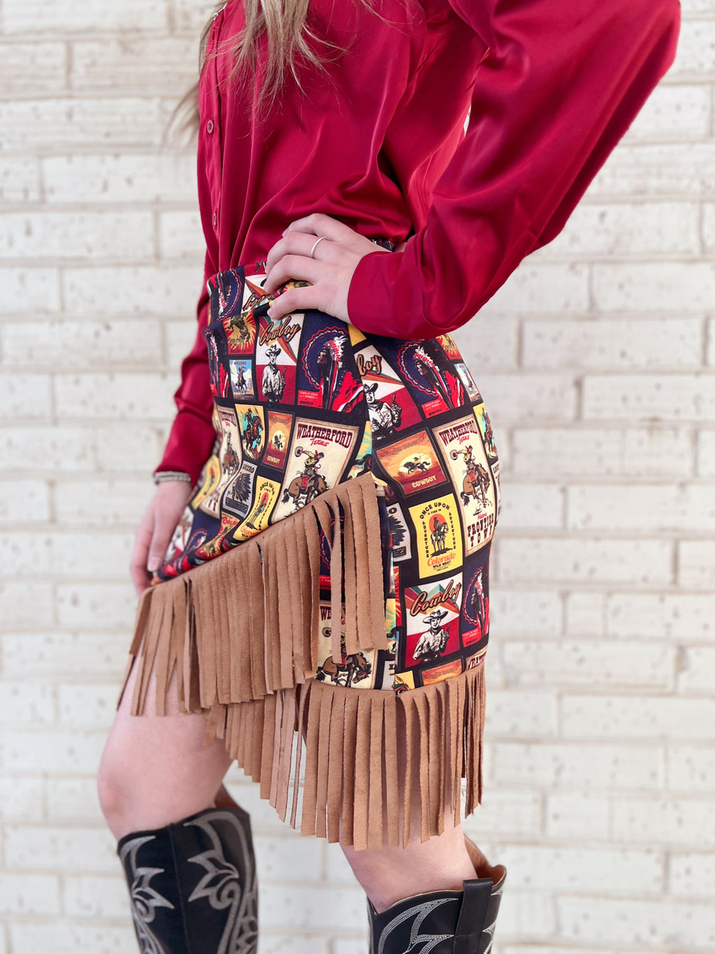 Western Collage Wrap Fringe Skirt | gussieduponline