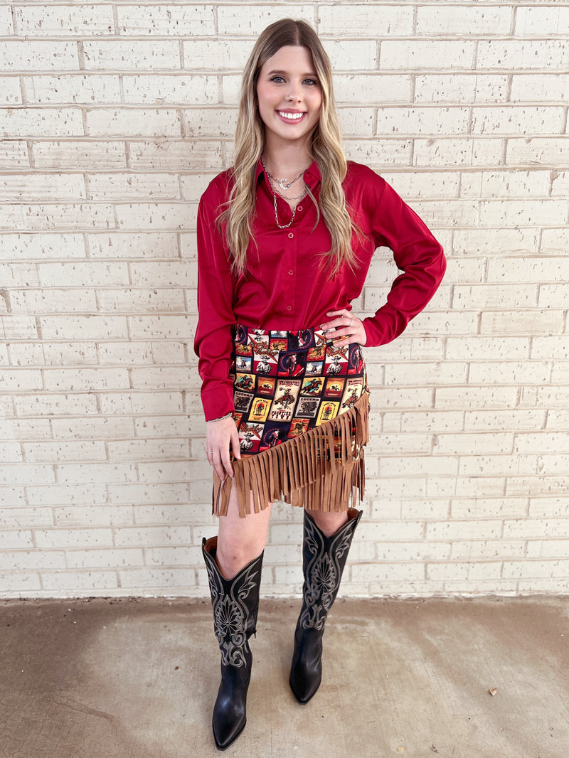 Western Collage Wrap Fringe Skirt | gussieduponline