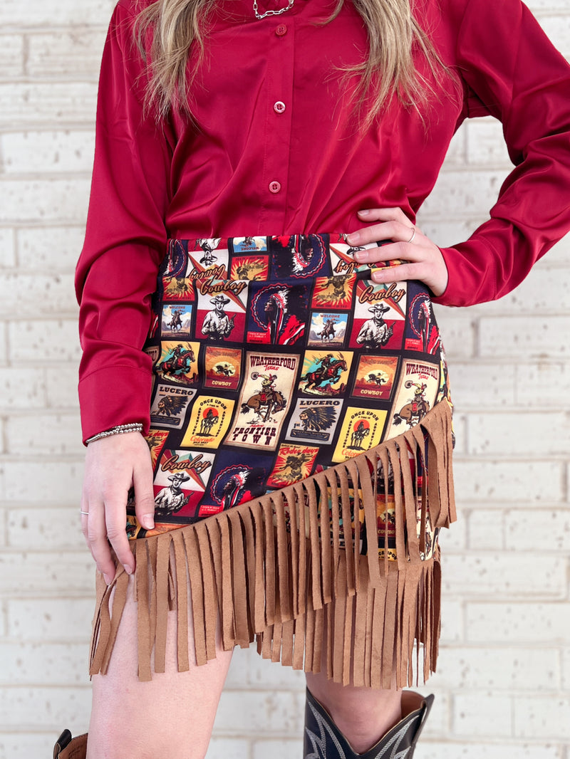 Western Collage Wrap Fringe Skirt | gussieduponline