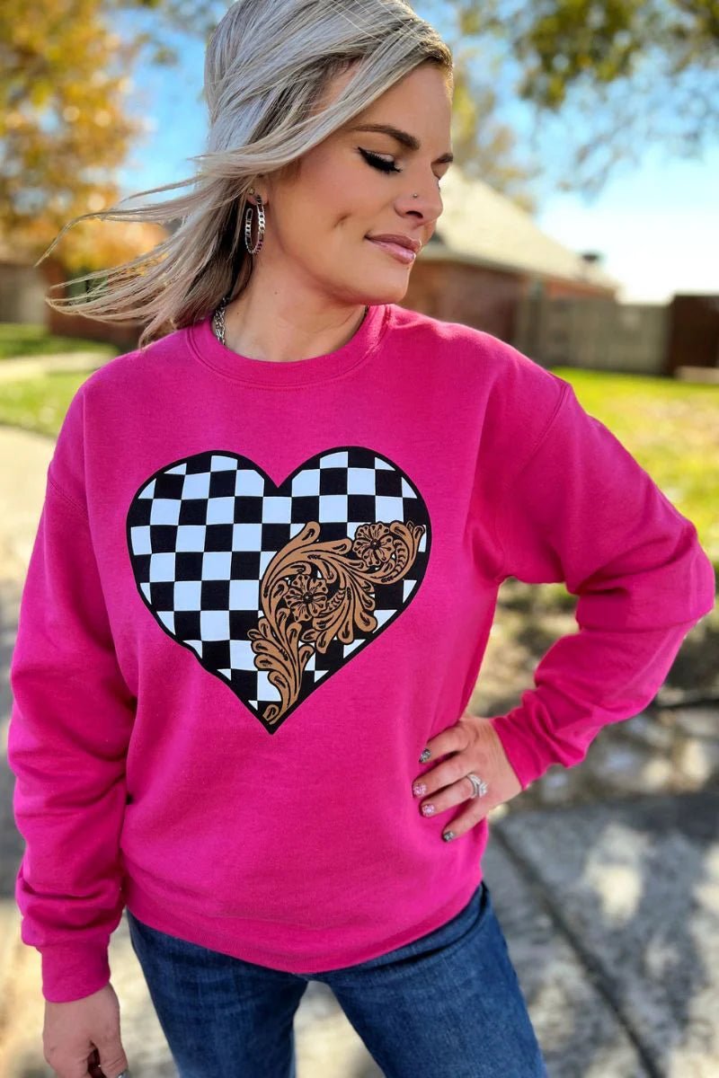 Sterling Kreek Checkered In Love Sweatshirt | gussieduponline