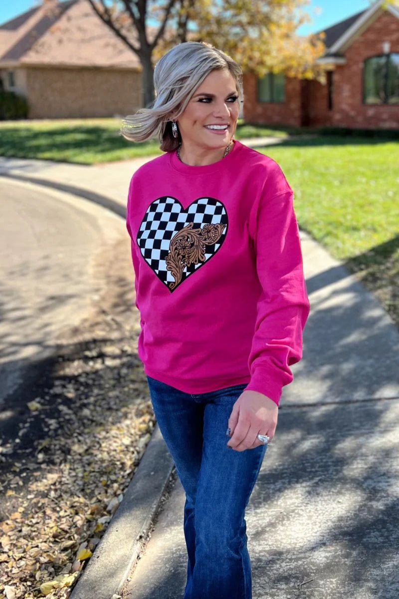 Sterling Kreek Checkered In Love Sweatshirt | gussieduponline