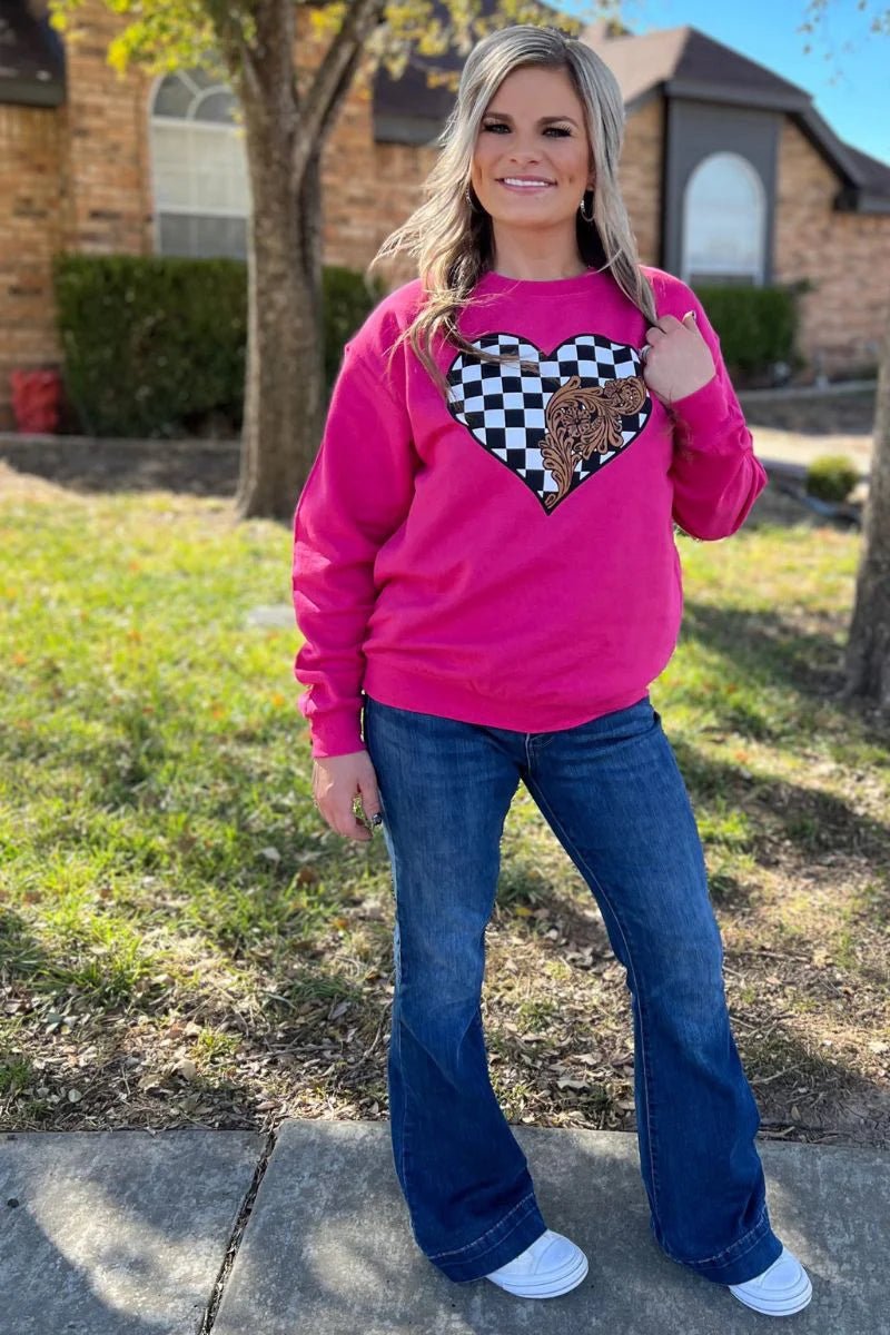 Sterling Kreek Checkered In Love Sweatshirt | gussieduponline