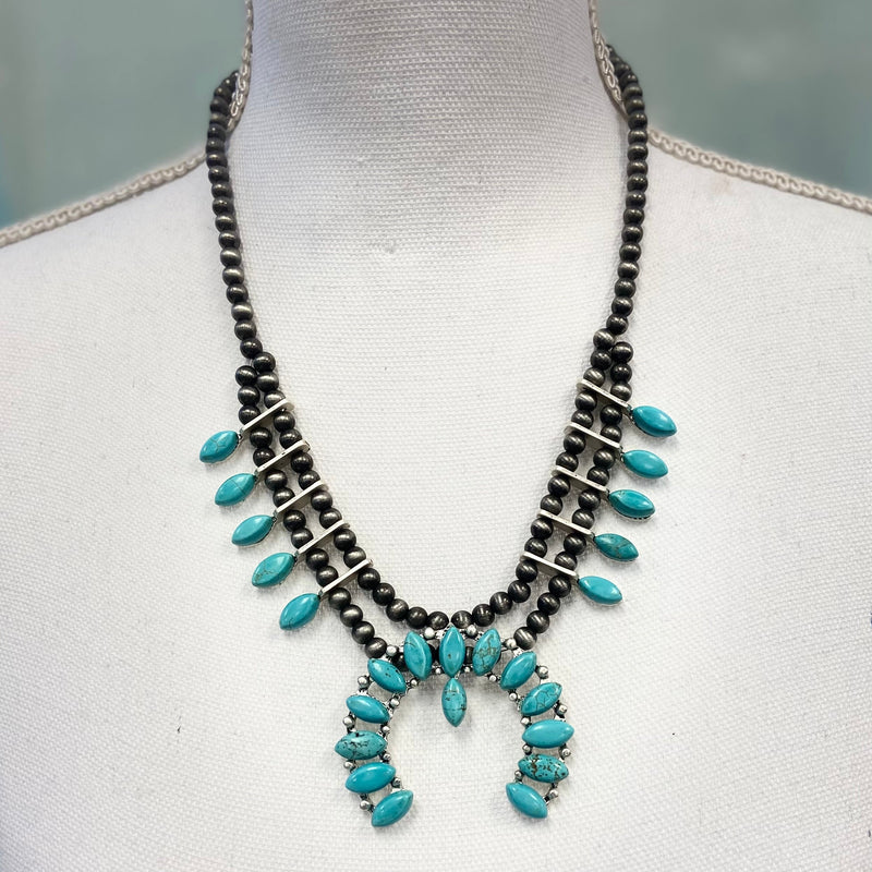 Silver and turquoise squash blossom western style fashion necklace