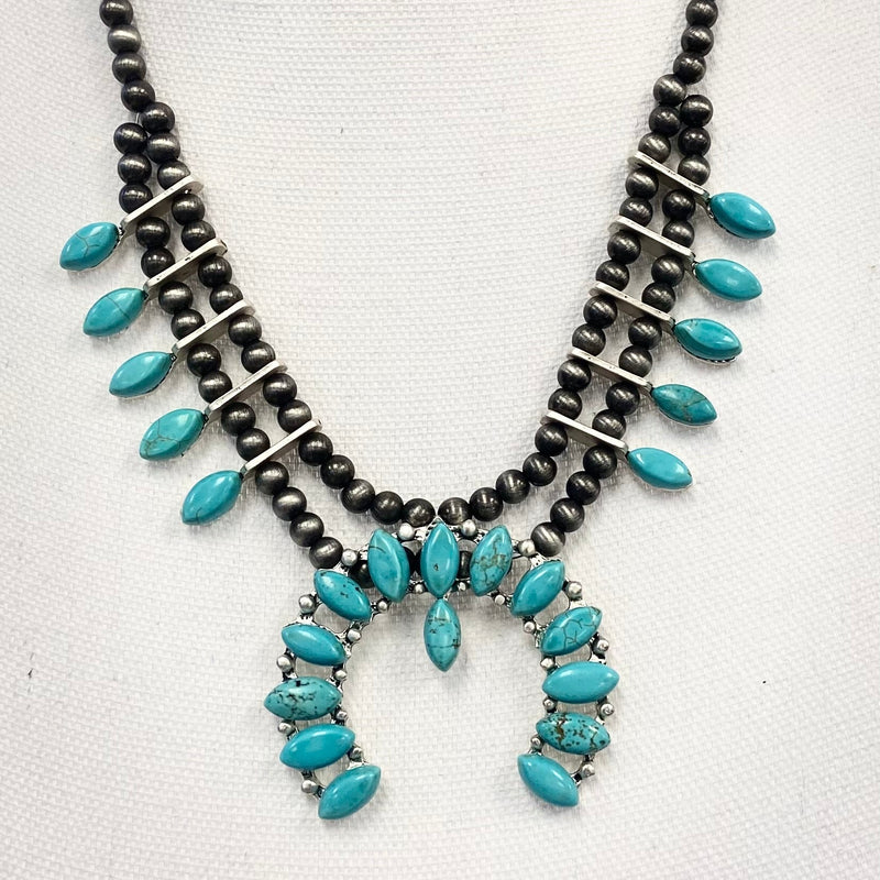 Silver and turquoise squash blossom western style fashion necklace