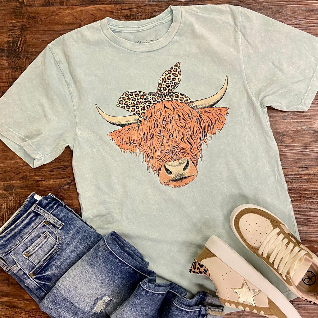 Mint Highland Cow Mineral Washed Tee | gussieduponline
