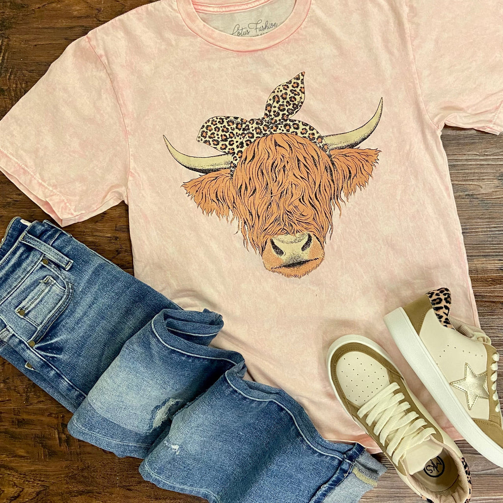 Pink Highland Cow Mineral Washed Tee | gussieduponline