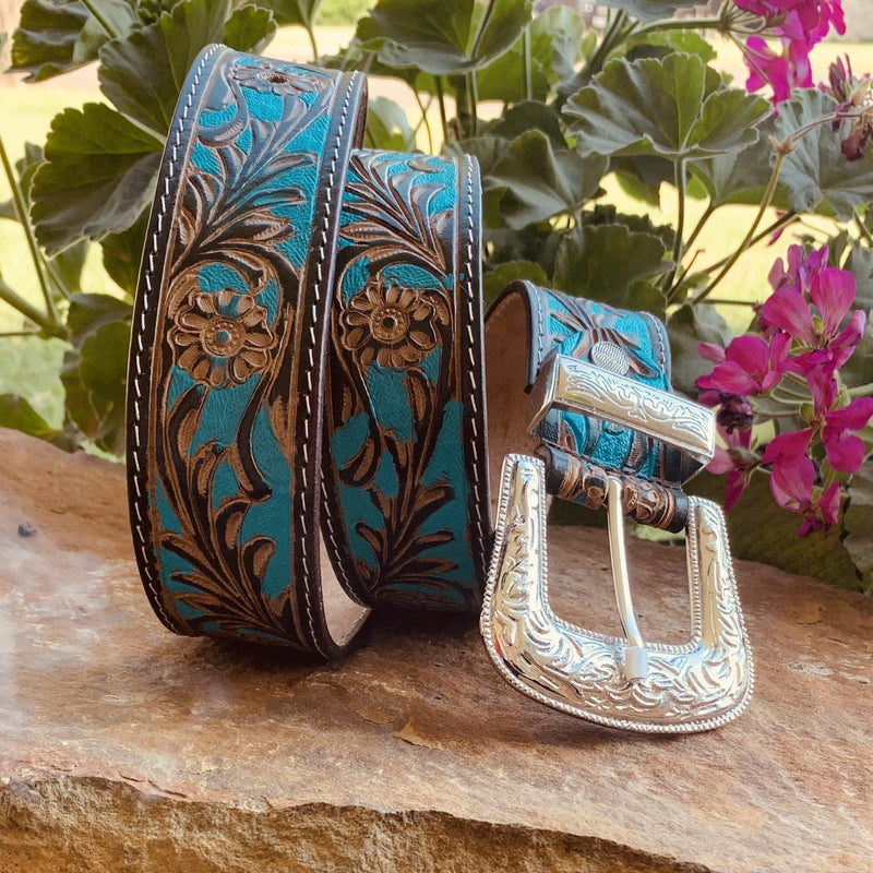 Tooling With Turquoise Leather Belt | gussieduponline