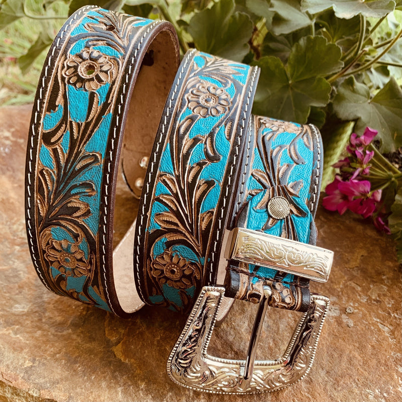 Tooling With Turquoise Leather Belt | gussieduponline