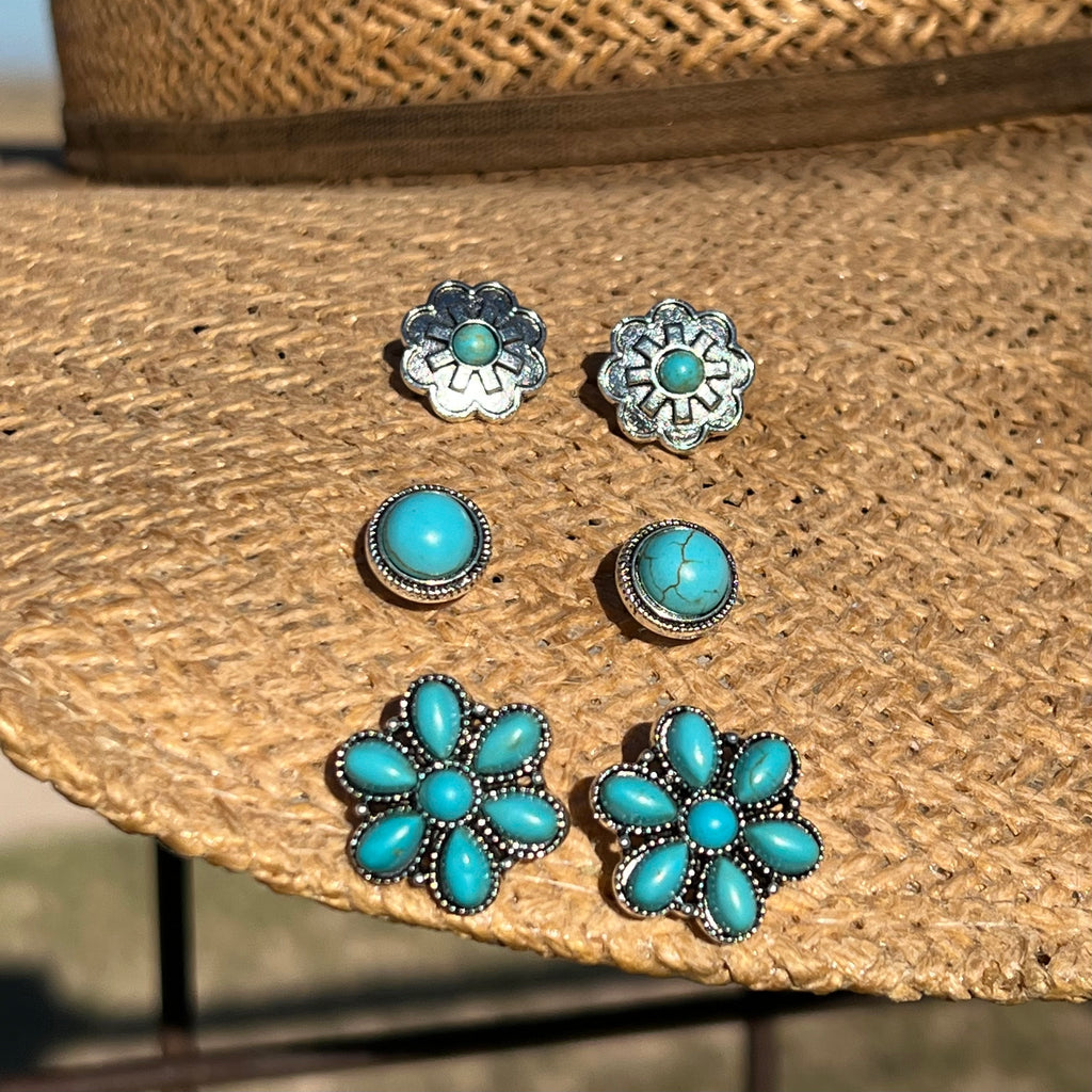 Turquoise Flowers Earrings- 3 Set | gussieduponline