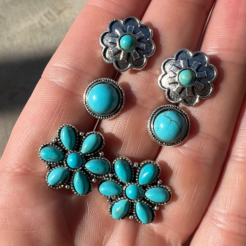 Turquoise Flowers Earrings- 3 Set | gussieduponline